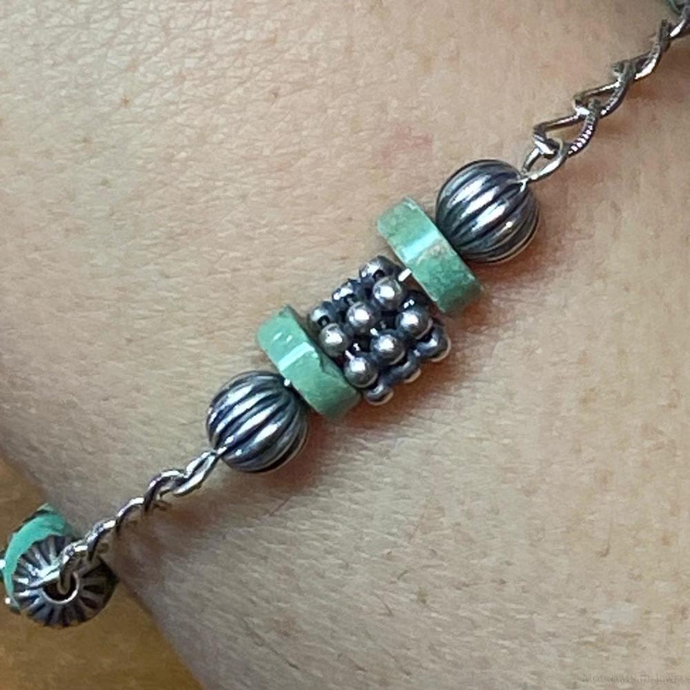 Carolyn Pollack Sterling Green Turquoise Disc Bead Decorated Link Bracelet